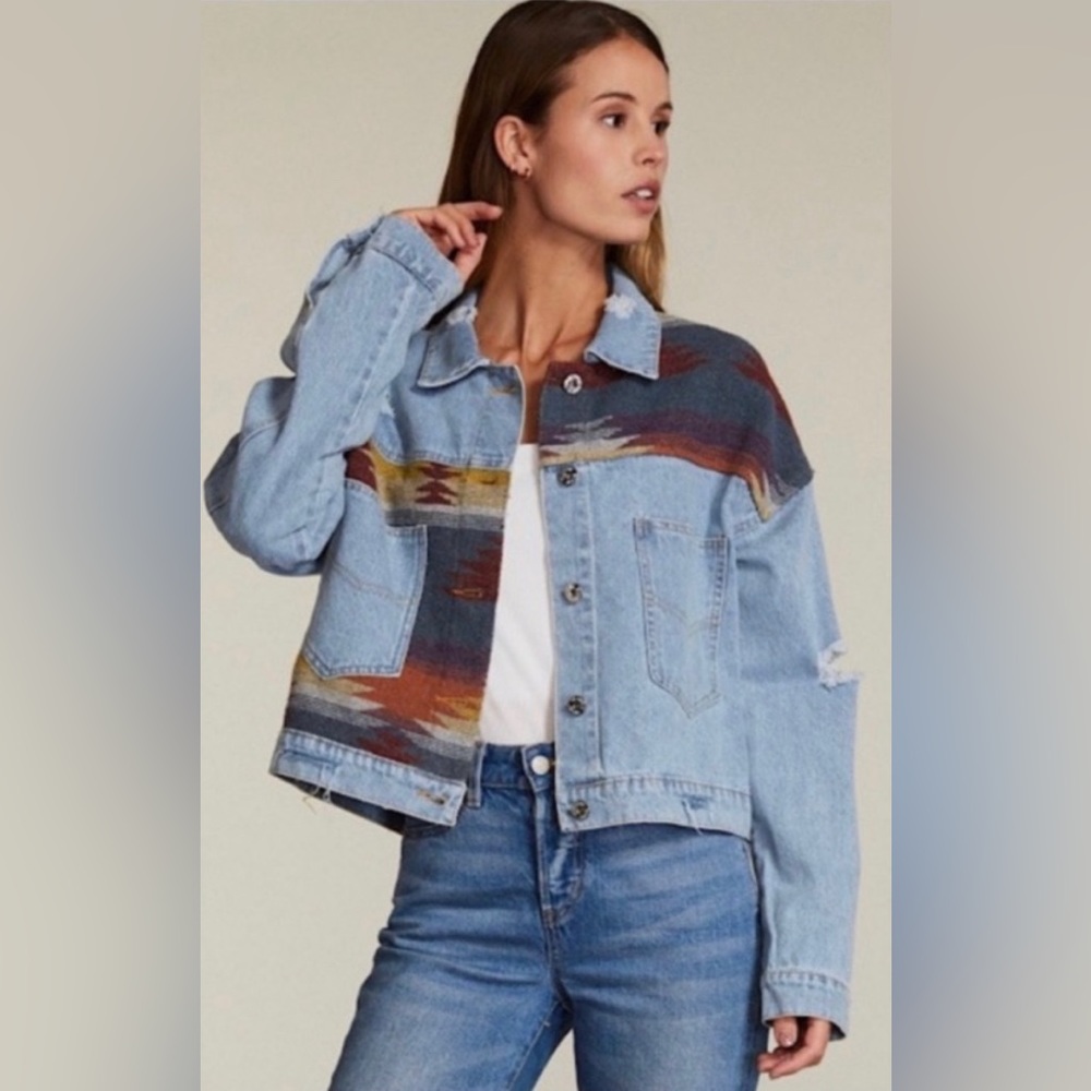 Denim Jacket w/ Contrast Fabric & Front Patch Pocket